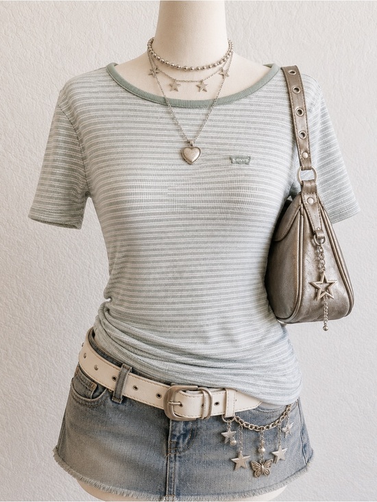 Levi's Tops - Levi's Women's Light Sage Striped Short Sleeve Crewneck Tee